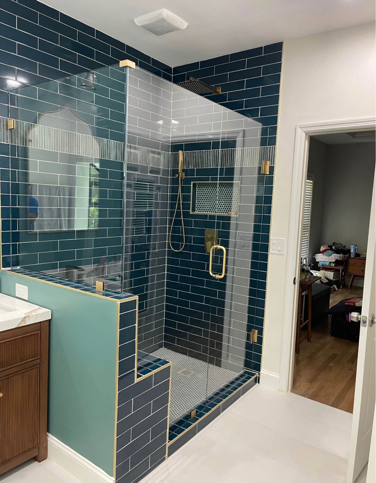 Navy subway tile steam shower